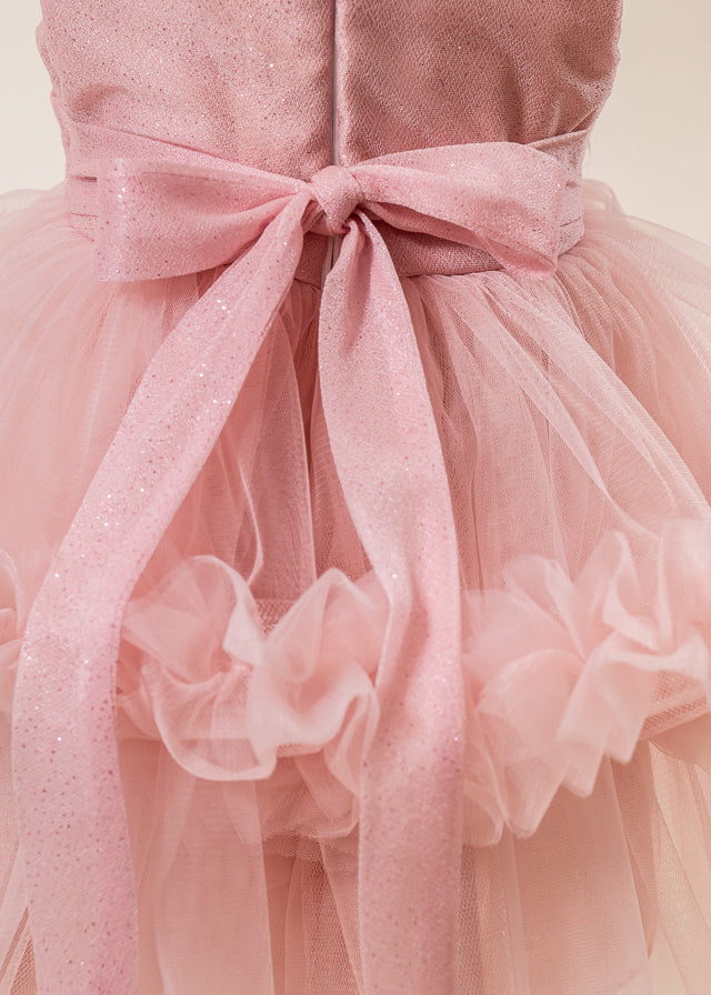 Rochie Ceremonie Roz Pudra cu Flori Aplicate pe Bust si Fusta cu Volane din Tulle L7001 Lugu