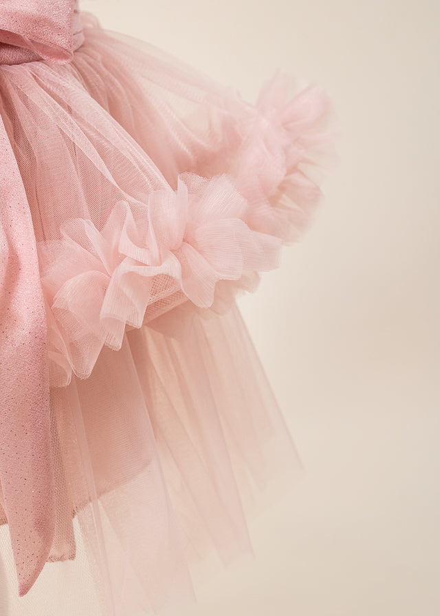 Rochie Ceremonie Roz Pudra cu Flori Aplicate pe Bust si Fusta cu Volane din Tulle L7001 Lugu