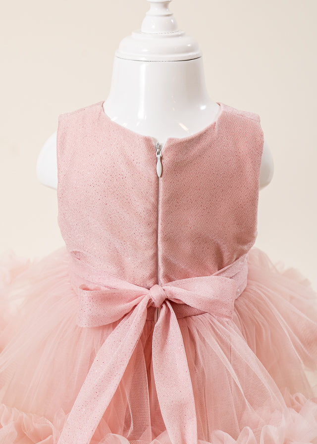 Rochie Ceremonie Roz Pudra cu Flori Aplicate pe Bust si Fusta cu Volane din Tulle L7001 Lugu