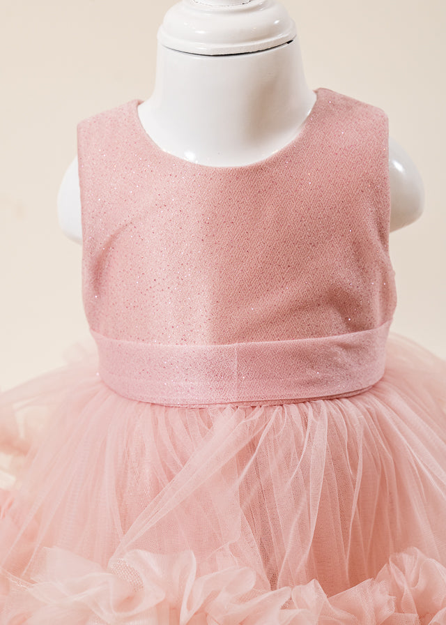 Rochie Ceremonie Roz Pudra cu Flori Aplicate pe Bust si Fusta cu Volane din Tulle L7001 Lugu