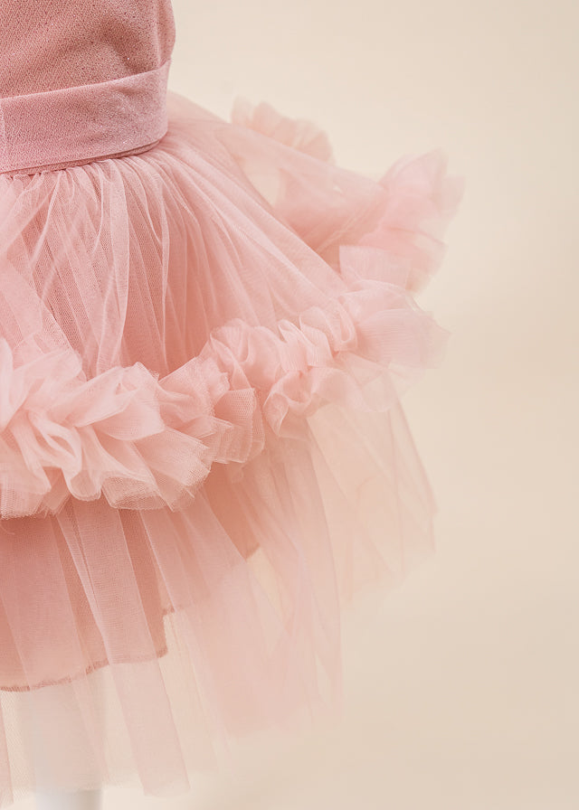 Rochie Ceremonie Roz Pudra cu Flori Aplicate pe Bust si Fusta cu Volane din Tulle L7001 Lugu