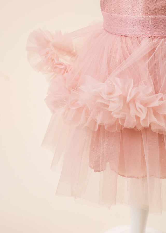 Rochie Ceremonie Roz Pudra cu Flori Aplicate pe Bust si Fusta cu Volane din Tulle L7001 Lugu