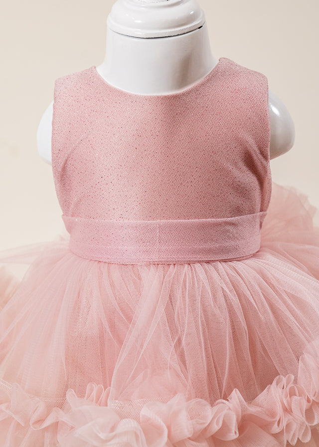 Rochie Ceremonie Roz Pudra cu Flori Aplicate pe Bust si Fusta cu Volane din Tulle L7001 Lugu