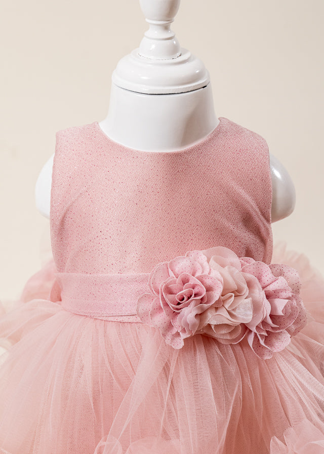 Rochie Ceremonie Roz Pudra cu Flori Aplicate pe Bust si Fusta cu Volane din Tulle L7001 Lugu