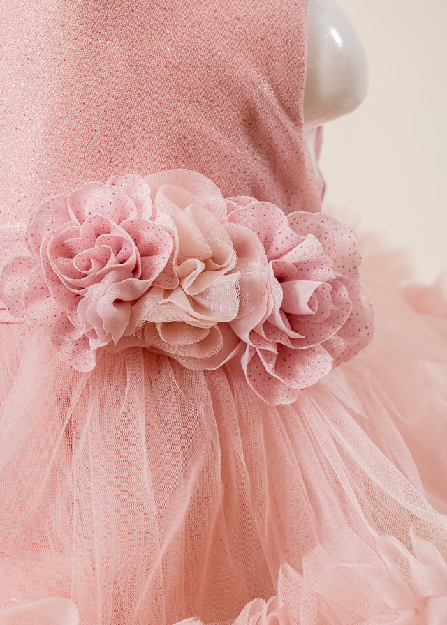 Rochie Ceremonie Roz Pudra cu Flori Aplicate pe Bust si Fusta cu Volane din Tulle L7001 Lugu