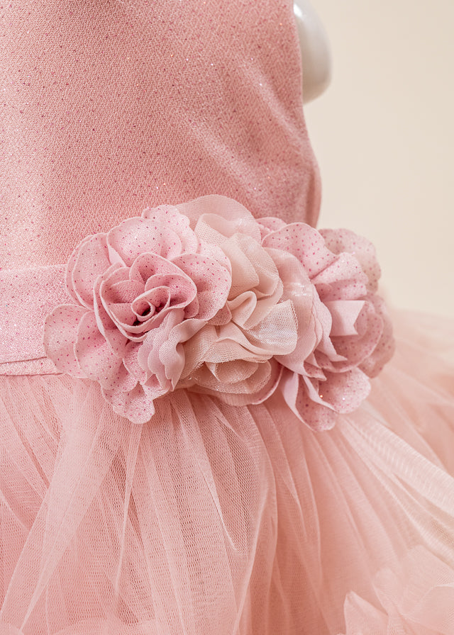 Rochie Ceremonie Roz Pudra cu Flori Aplicate pe Bust si Fusta cu Volane din Tulle L7001 Lugu