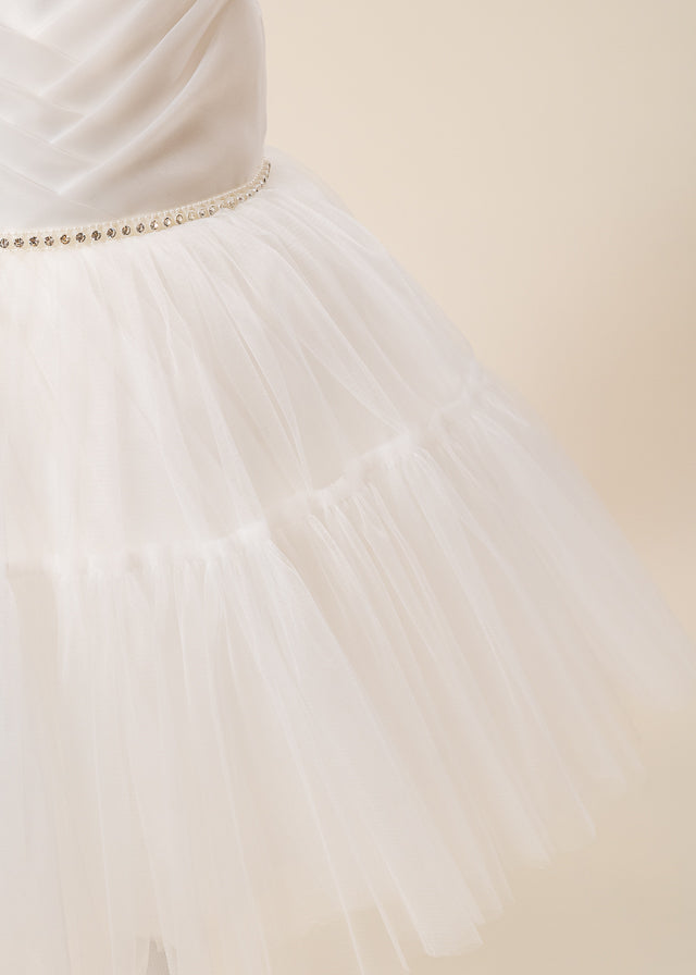 Rochie Ceremonie Crem Bust Pliseuri si Fusta Tulle 3178 Mon Princess