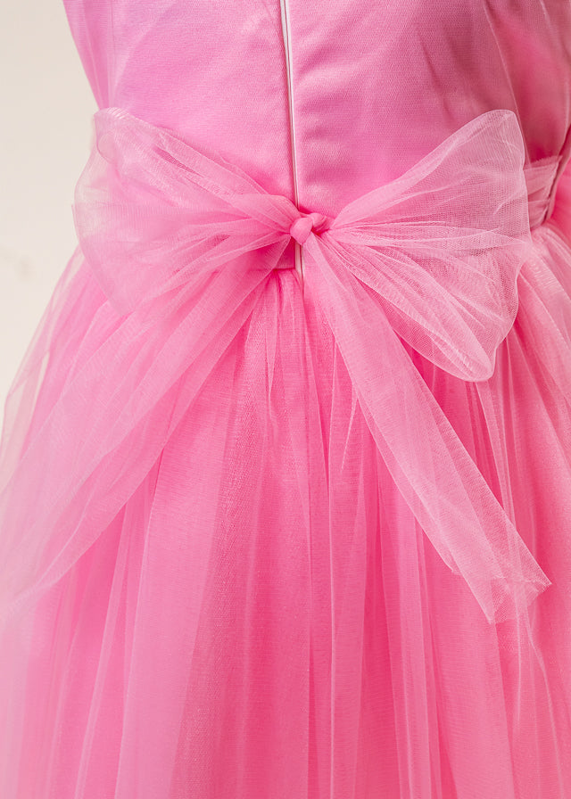 Rochie Ceremonie Roz cu Pompoane din Tulle pe Bust L7005 Lugu