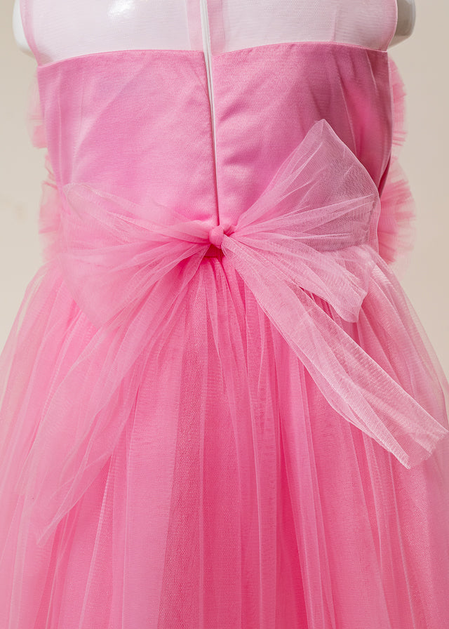 Rochie Ceremonie Roz cu Pompoane din Tulle pe Bust L7005 Lugu