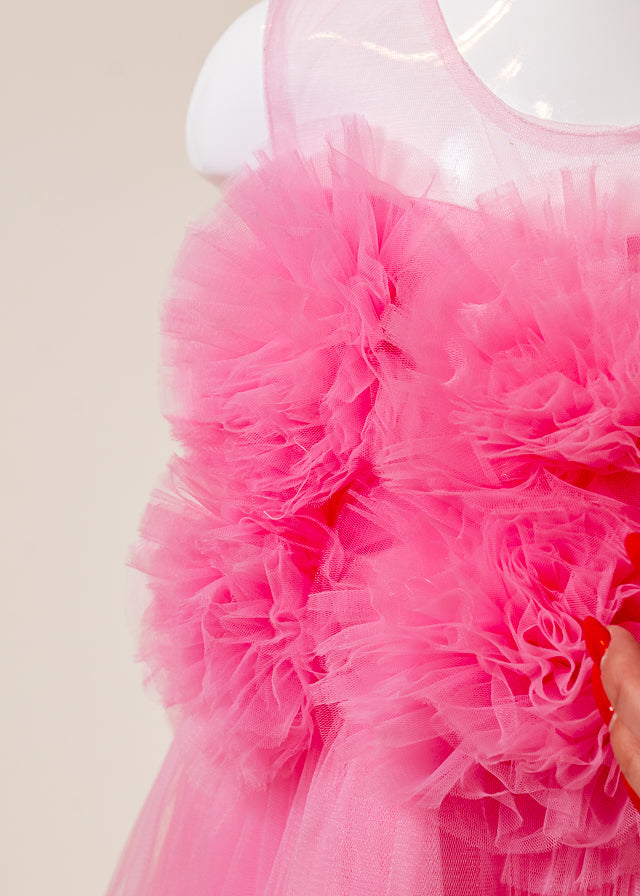 Rochie Ceremonie Roz cu Pompoane din Tulle pe Bust L7005 Lugu