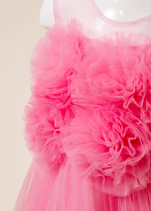 Rochie Ceremonie Roz cu Pompoane din Tulle pe Bust L7005 Lugu