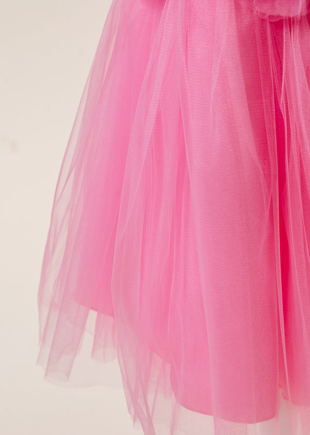 Rochie Ceremonie Roz cu Pompoane din Tulle pe Bust L7005 Lugu