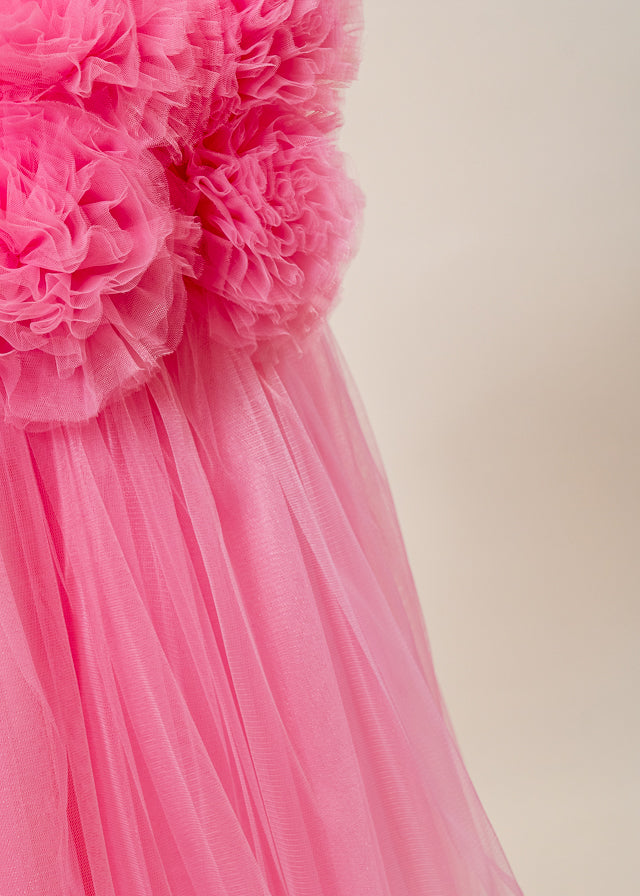 Rochie Ceremonie Roz cu Pompoane din Tulle pe Bust L7005 Lugu