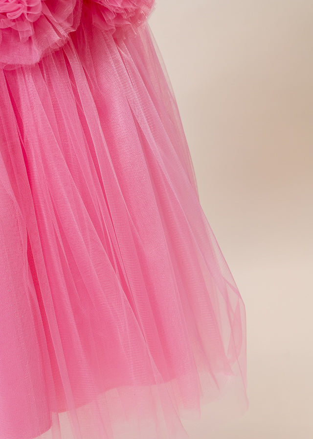 Rochie Ceremonie Roz cu Pompoane din Tulle pe Bust L7005 Lugu