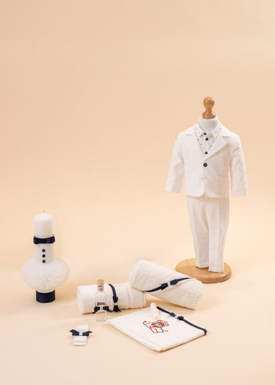 Nicolas Baptism Set 3 Pieces, Costume, Suit and Personalized AnneBebe Candle