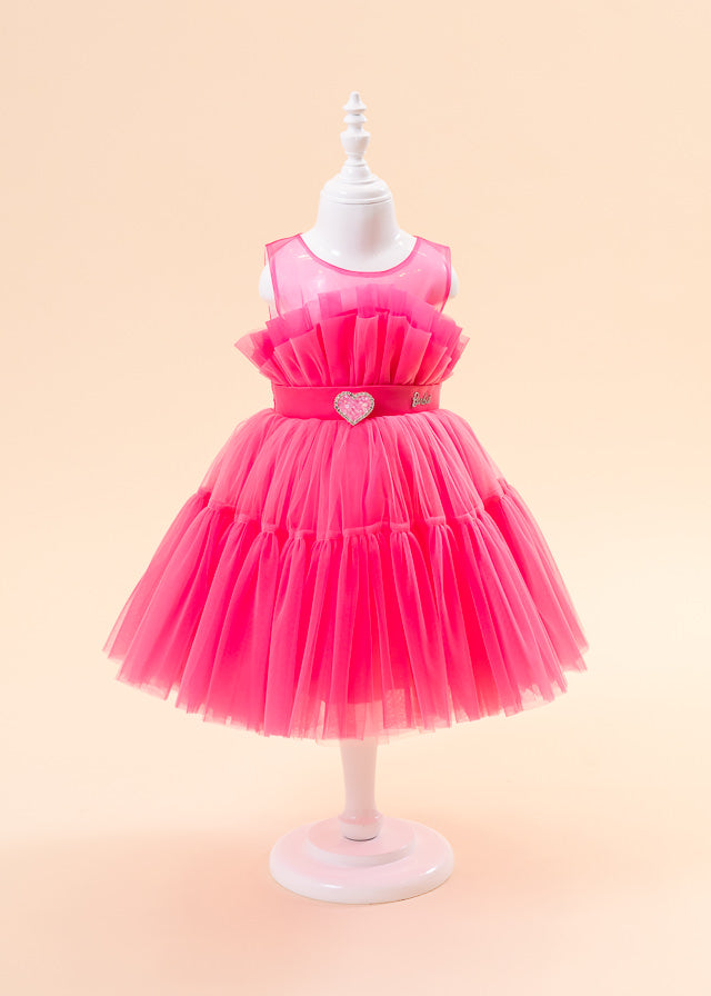 Rochie pentru Ceremonie, Fucsia din Tull cu Volane pe Bust si Inima in Talie 2220 Mon Princess - Camera Bebelusului