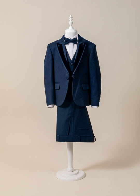 5 Piece Navy Blue Formal Suit with Velvet Lapel Jacket 20358 Little Gentleman