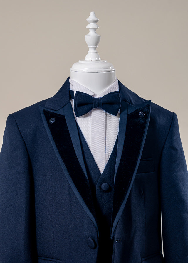 Costum Ceremonie 5 Piese Bleumarin Sacou cu Rever Catifea 20358 Little Gentleman