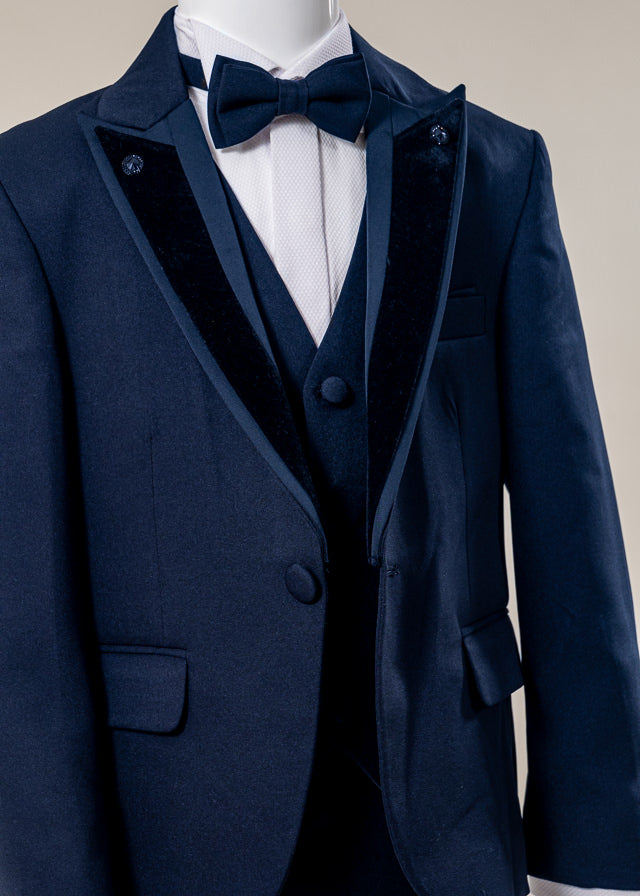 Costum Ceremonie 5 Piese Bleumarin Sacou cu Rever Catifea 20358 Little Gentleman