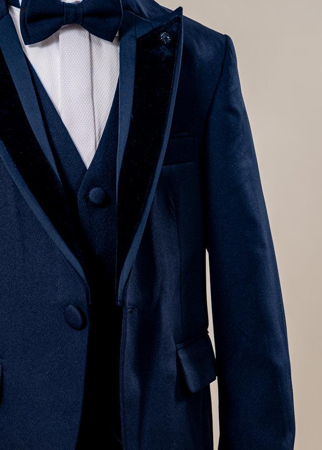 Costum Ceremonie 5 Piese Bleumarin Sacou cu Rever Catifea 20358 Little Gentleman