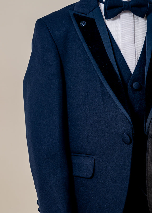 Costum Ceremonie 5 Piese Bleumarin Sacou cu Rever Catifea 20358 Little Gentleman