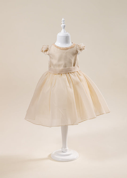 Beige Organza Ceremony Dress with Short Sleeves L7002 Lugu