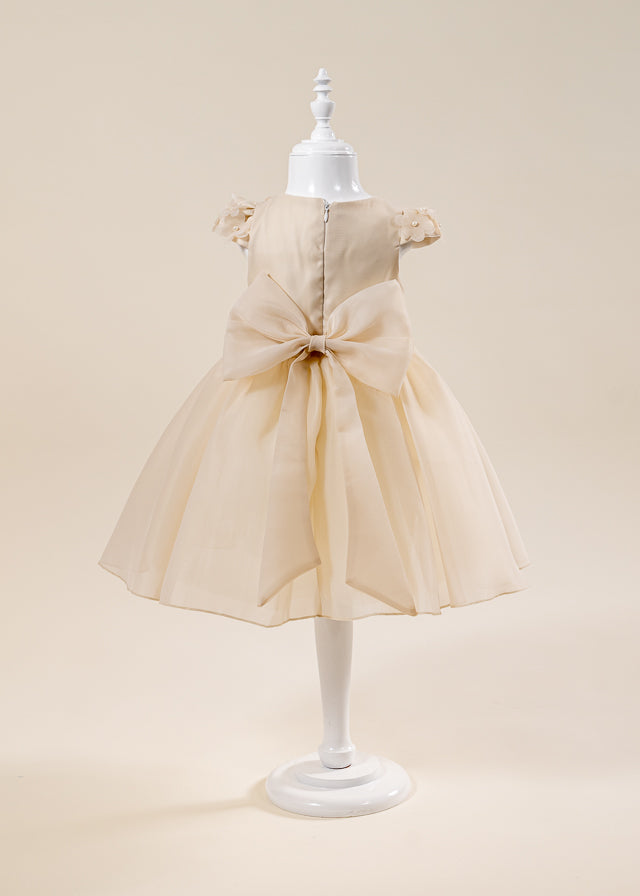 Rochie Ceremonie din Organza Bej cu Maneca Scurta L7002 Lugu