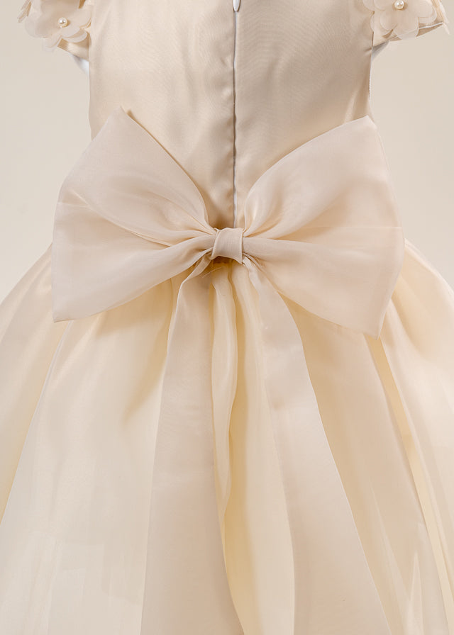 Rochie Ceremonie din Organza Bej cu Maneca Scurta L7002 Lugu