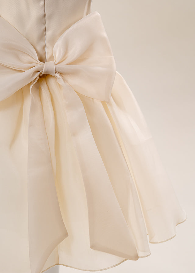 Rochie Ceremonie din Organza Bej cu Maneca Scurta L7002 Lugu