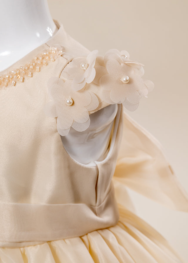 Rochie Ceremonie din Organza Bej cu Maneca Scurta L7002 Lugu