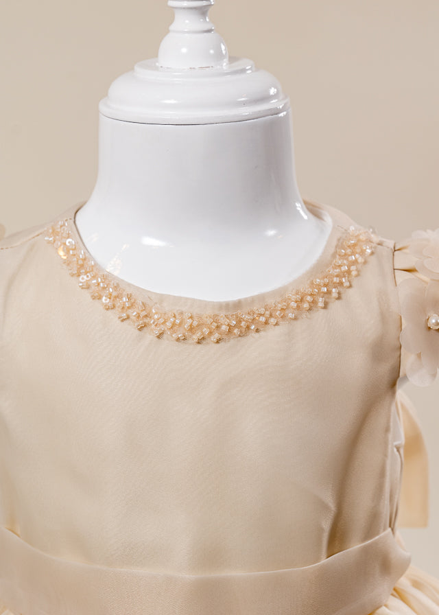 Rochie Ceremonie din Organza Bej cu Maneca Scurta L7002 Lugu