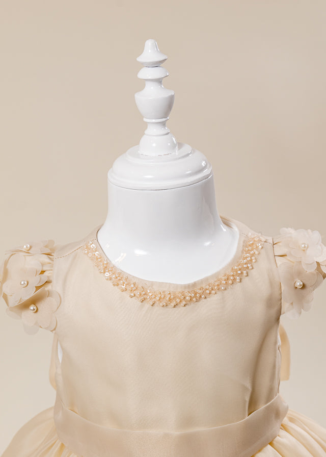 Rochie Ceremonie din Organza Bej cu Maneca Scurta L7002 Lugu