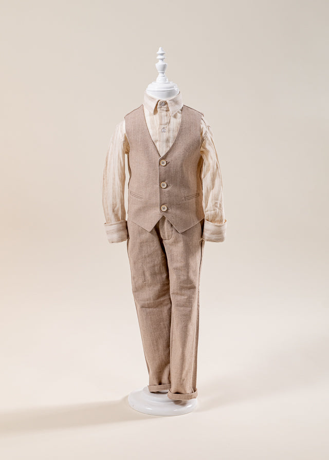 Costum Ceremonie 3 Piese Vesta si Pantaloni Bej si Camasa Ivory 20264 Little Gentleman