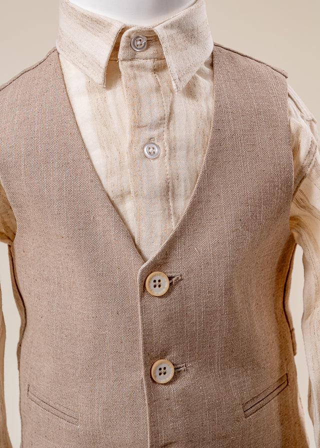 Costum Ceremonie 3 Piese Vesta si Pantaloni Bej si Camasa Ivory 20264 Little Gentleman