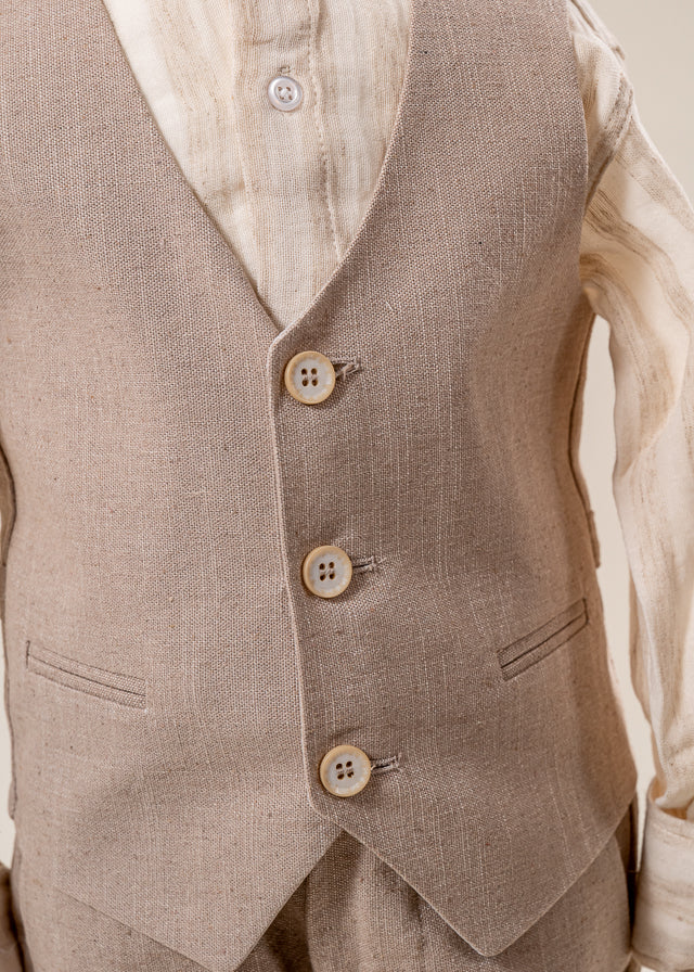 Costum Ceremonie 3 Piese Vesta si Pantaloni Bej si Camasa Ivory 20264 Little Gentleman