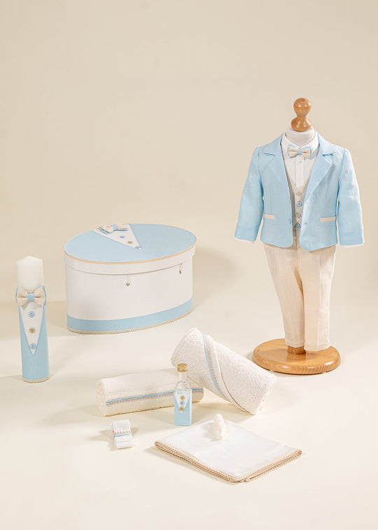 Set Botez Andrew 4 Piese, Costum, Trusou, Lumanare si Cufar Personalizat Botez AnneBebe