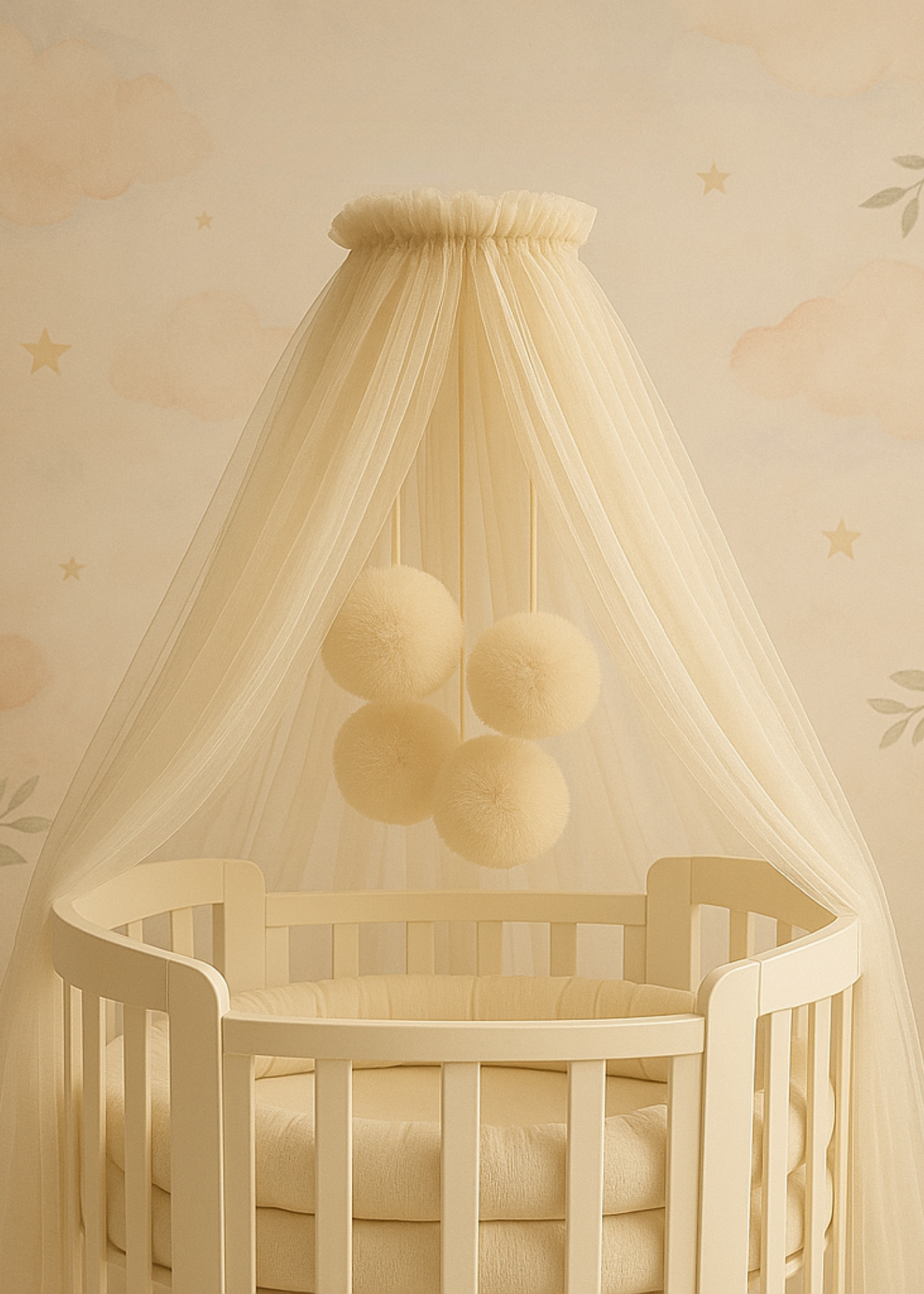 Baldachin Patut Bebe Tull Crem Cu Pompoane cu Suport Inclus AnneBebe