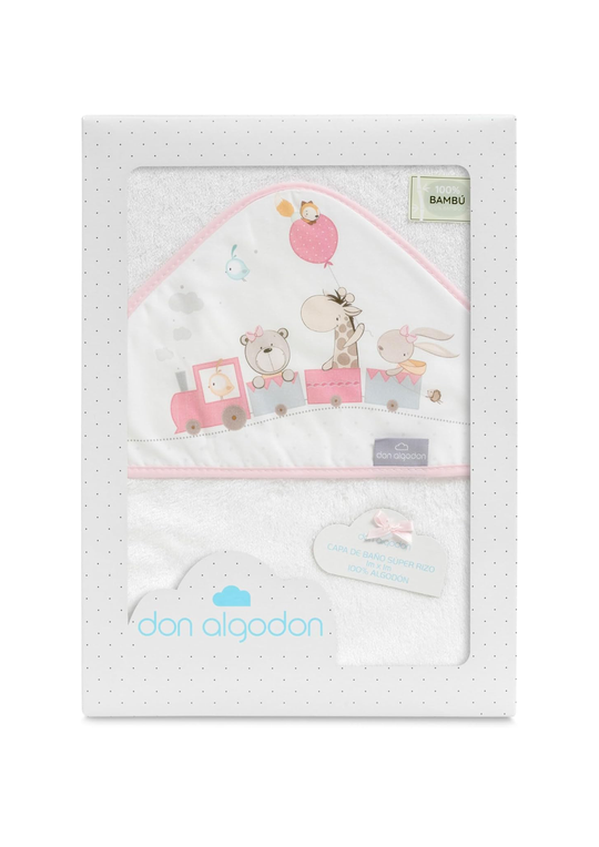 Prosop Cu Capison 100x100 Cm Si Bavetica Alb-Roz Cu Trenul Girafelor D1228-12 Don Algodon