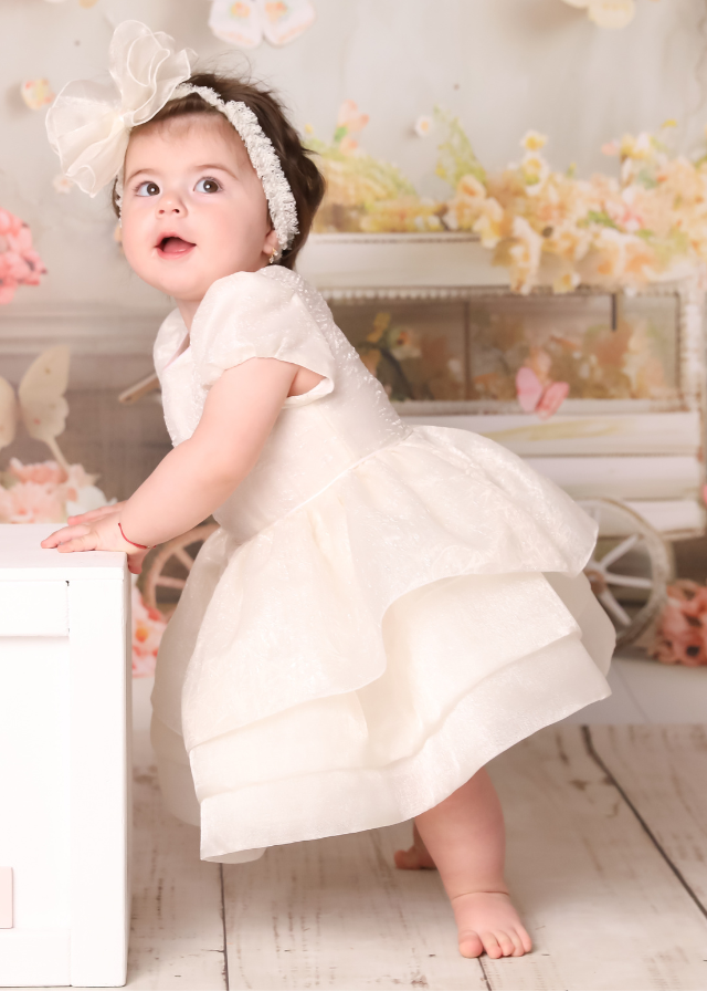 Elegant Dress Cotton Rebeca Cream Organza Three Ruffles AnneBebe 