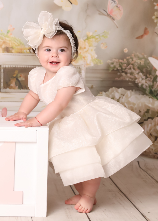 Elegant Dress Cotton Rebeca Cream Organza Three Ruffles AnneBebe 