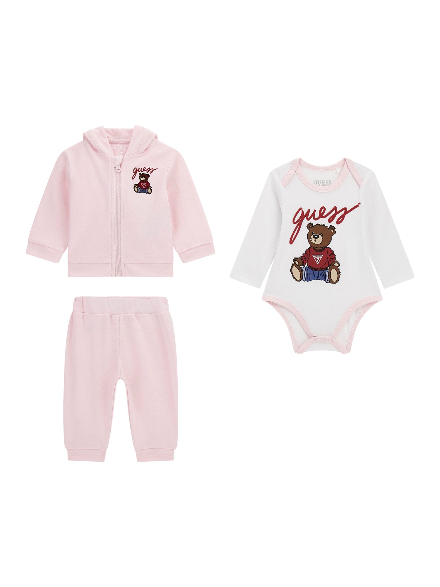 Trening Bumbac 3 Piese Roz Hanorac si Pantaloni Bluza Alba cu Urs H5YW12 KA6W4 G6K9 Guess