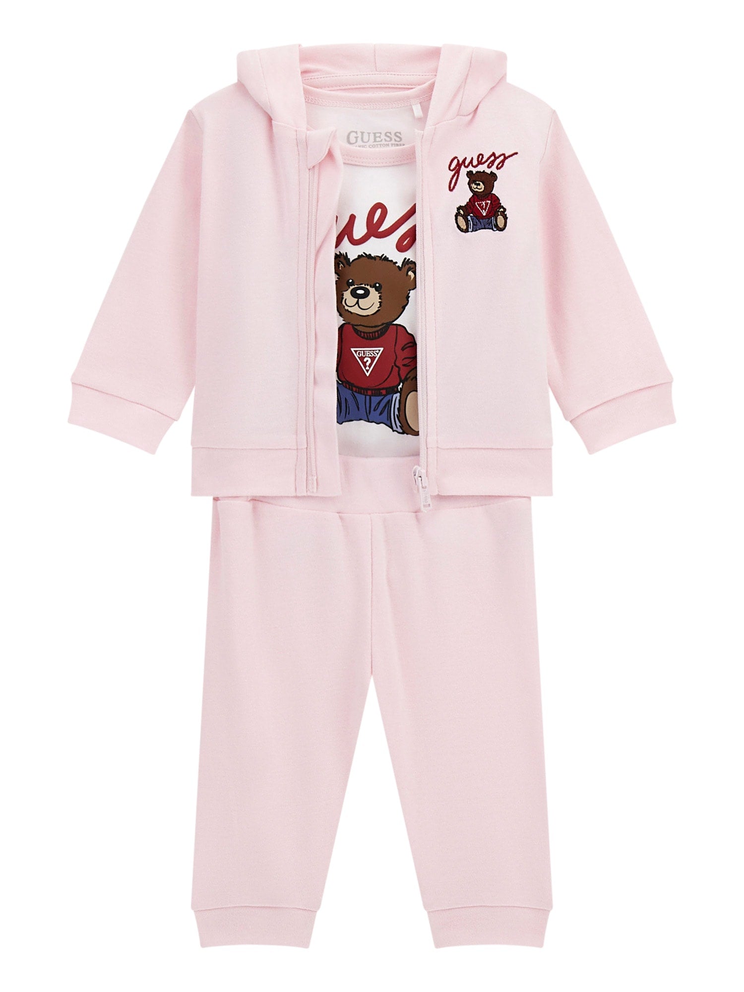 Trening Bumbac 3 Piese Roz Hanorac si Pantaloni Bluza Alba cu Urs H5YW12 KA6W4 G6K9 Guess