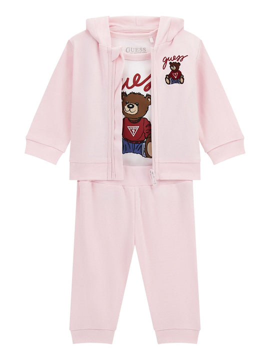 Trening Bumbac 3 Piese Roz Hanorac si Pantaloni Bluza Alba cu Urs H5YW12 KA6W4 G6K9 Guess