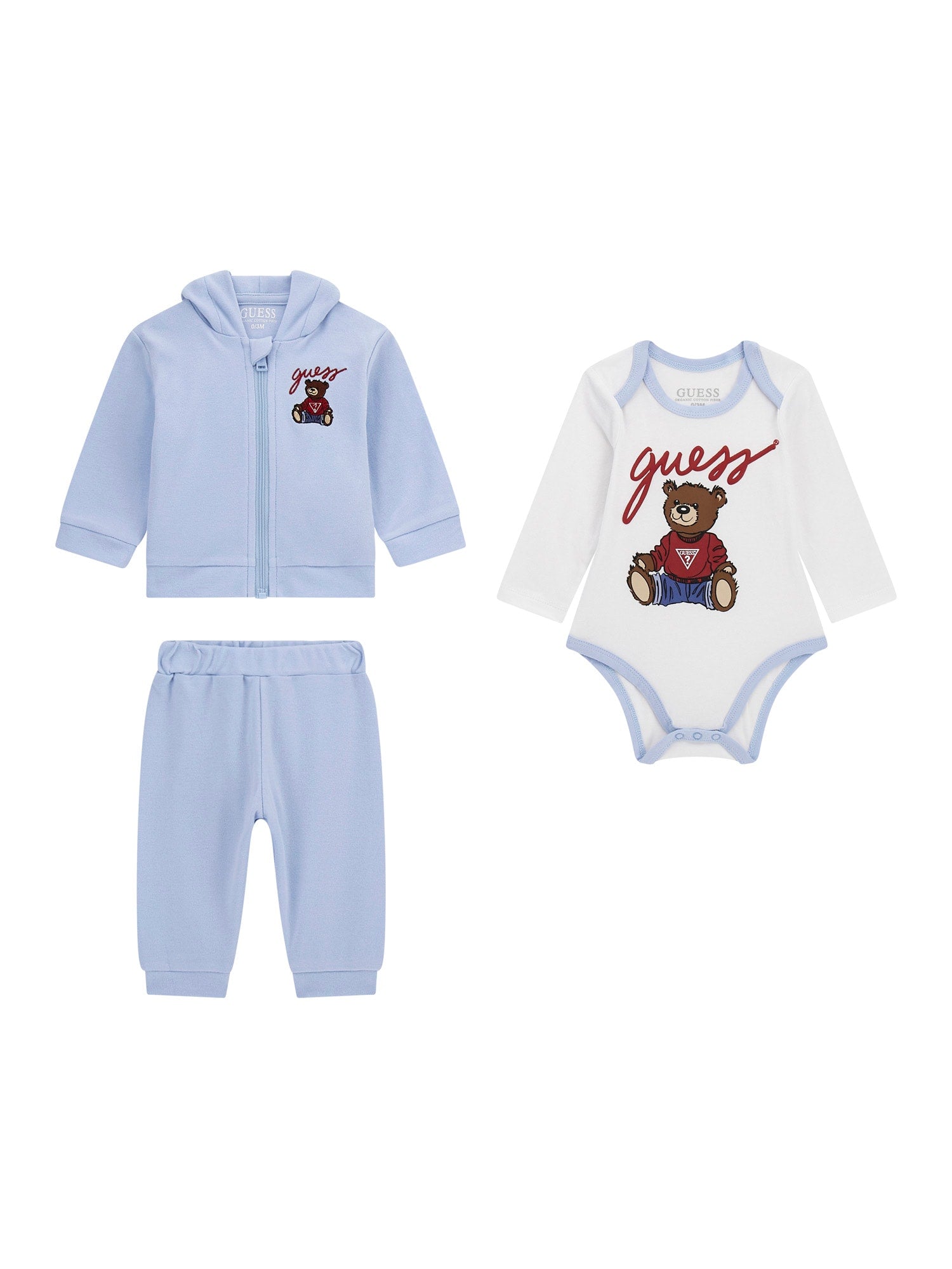 Trening Bumbac 3 Piese Bleu Hanorac si Pantaloni Bluza Alba cu Urs  H5YW12 KA6W4 G7N1 Guess