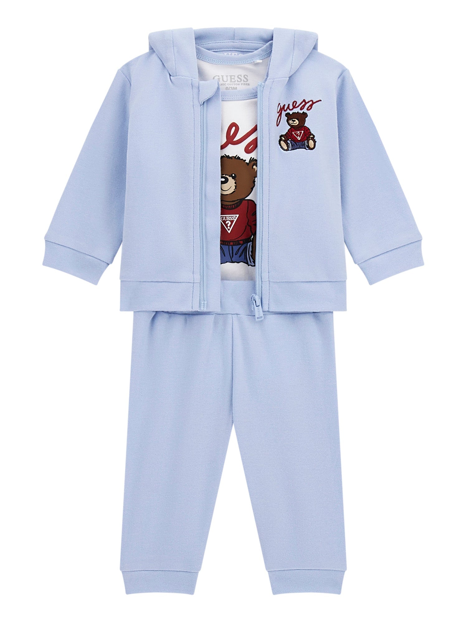 Trening Bumbac 3 Piese Bleu Hanorac si Pantaloni Bluza Alba cu Urs  H5YW12 KA6W4 G7N1 Guess