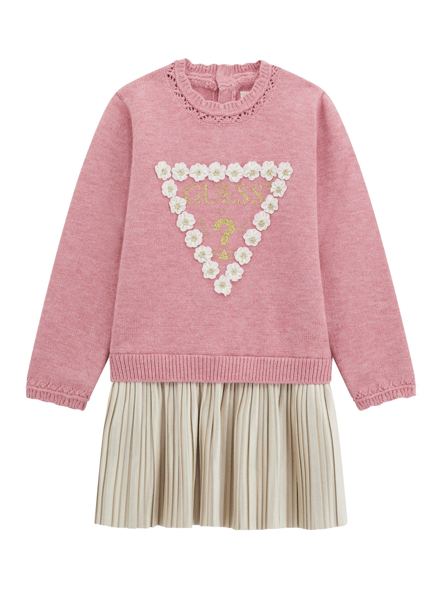 Rochie Tricotata Roz cu Maneca Lunga si Pliseuri Bej K5YK08 Z3OS0 F9CB Guess