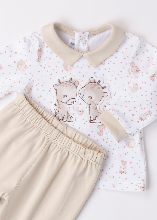 2 Piece Pajama Set Blouse And Pants White And Beige With Giraffes 3B671.00 Minibanda