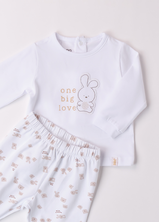 2 Piece Pajama Set White Blouse And Pants With Beige Rabbits 4B070.00 iDO