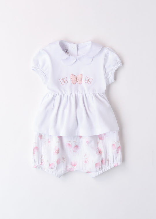 2 Piece Set White Short Sleeve T-Shirt And Muslin Shorts With Butterflies 3B760.00 Minibanda