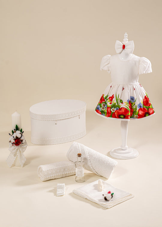 Set Botez Marilena 4 Piese, Rochie, Trusou, Lumanare si Cufar Personalizat Botez AnneBebe